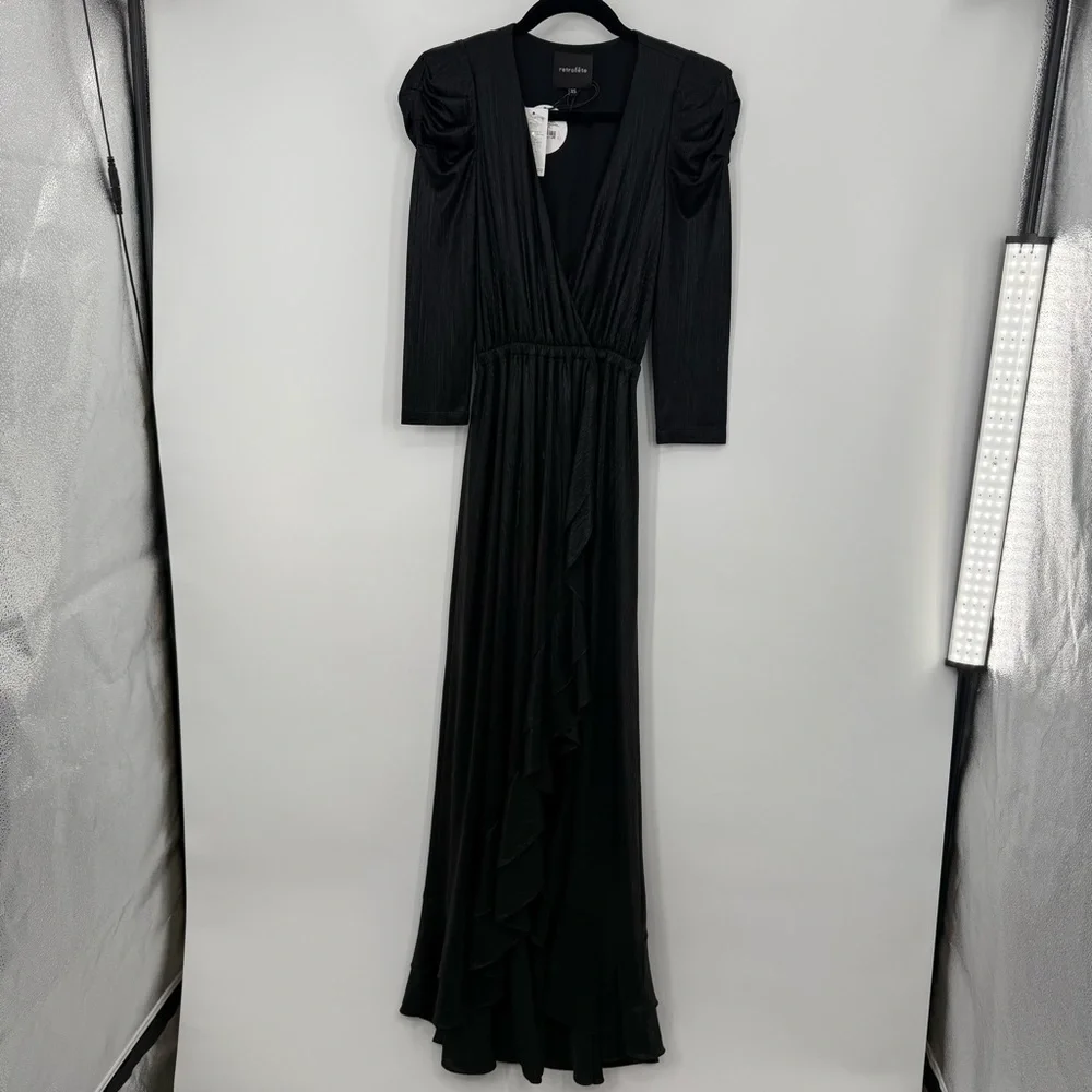 NWT Retrofete Flora Black Maxi Evening Dress Long Sleeve High Slit V-Neck XS - Picture 9 of 16